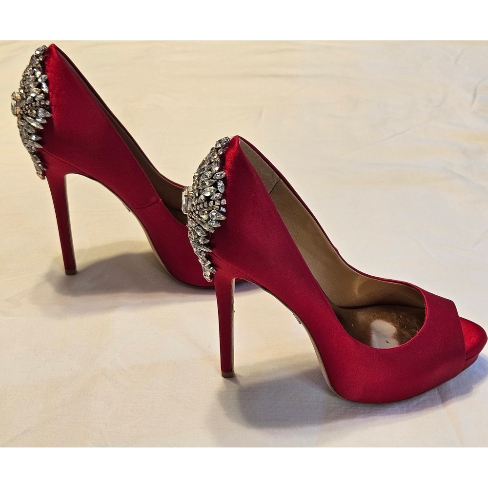 Badgley Mischka Red Satin Peep Toe Heels Embellished Evening Shoes 7M - Picture 3 of 6